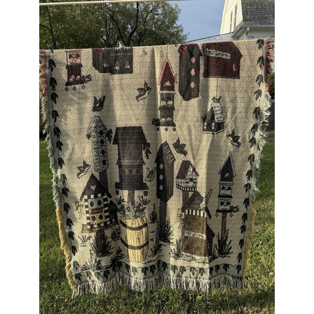 Vintage Bird Birdhouse Fringed Woven Throw Lap Blanket Tapestry 68x45"